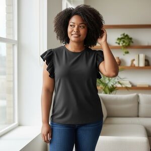 BOUTIQUE 3X Black Cotton Tee Eyelet Ruffle Short Sleeves